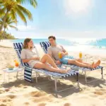 Tanning Chair Set of 2 with Face Hole and Side Table, 5-Position Folding Outdoor Chaise Lounge Chair, Blue and White - Image 10