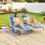 Tanning Chair Set of 2 with Face Hole and Side Table, 5-Position Folding Outdoor Chaise Lounge Chair, Blue Stripe - Image 2