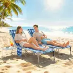 Tanning Chair Set of 2 with Face Hole and Side Table, 5-Position Folding Outdoor Chaise Lounge Chair, Blue Stripe - Image 10