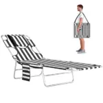 Tanning Chair with Face Hole, 5-Level Adjustable Outdoor Chaise Lounge Chair with Pillow for Beach, Pool, Black Stripe - Image 11