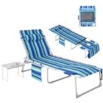 Outsunny Tanning Chair with Face Hole and Side Table, 5-Position Folding Outdoor Chaise Lounge Chair, Blue Stripe - Image 11