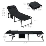 Tanning Lounger: Foldable, 5-Level Back, Reading Hole, Side Pocket, Headrest,  Black - Image 3