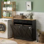 Tilt Out Laundry Hamper Cabinet, Bathroom Storage Cabinet with 2 Removable Baskets and 2 Drawers, Black - Image 2