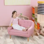 Toddler Sofa Pink 2-Seat Durable Linen Wood Frame Seating for Kids 3-6 Years Nursery Room Couch - Image 2