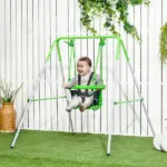 Outsunny Toddler Swing Set with Metal Stand, Safety Seat Belt for Kids Aged 6-36 Months, Backyard Indoor and Outdoor Use, Green - Image 2
