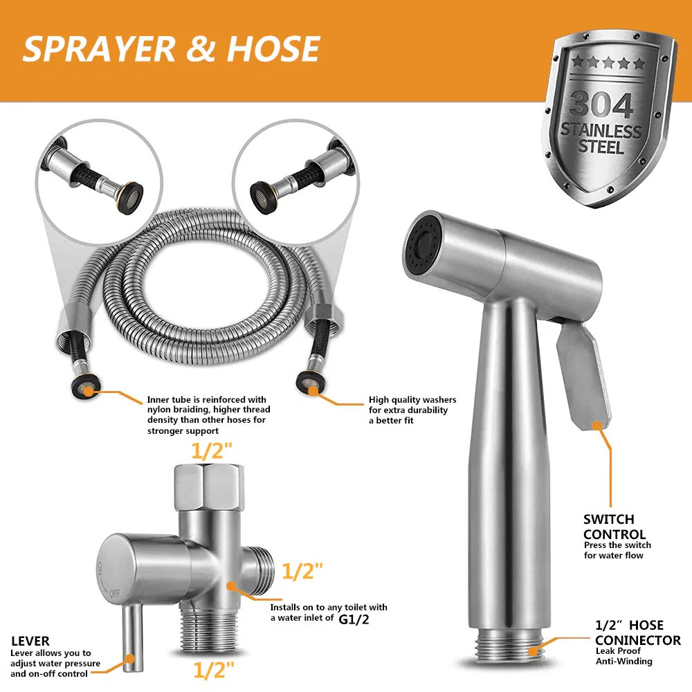 Stainless Steel Handheld Bidet Sprayer Kit with Hose and T-Valve