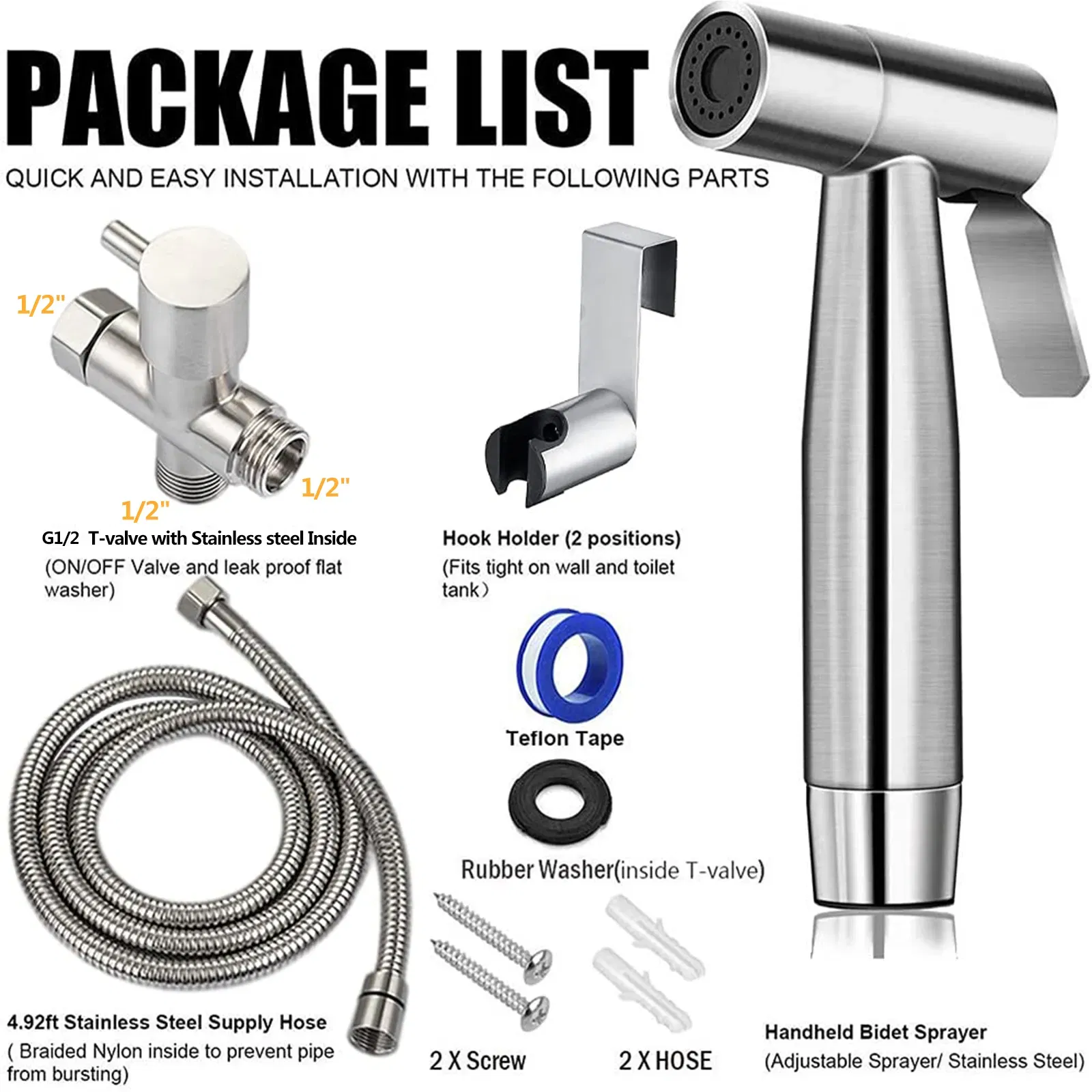 Stainless Steel Handheld Bidet Sprayer Kit with Hose and T-Valve