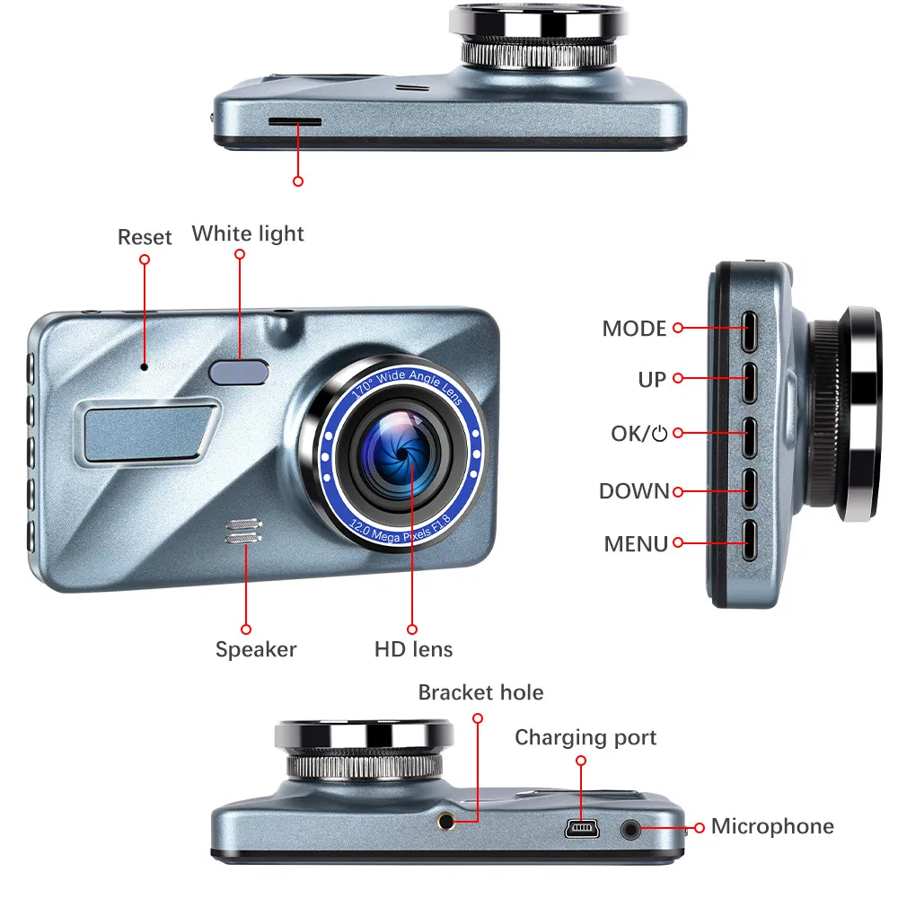 4 Inch Dual Dash Cam with 1296P Front and 720P Rear Camera