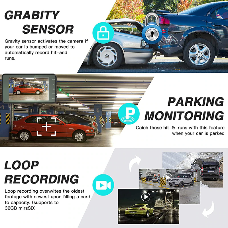 4 Inch Dual Dash Cam with 1296P Front and 720P Rear Camera