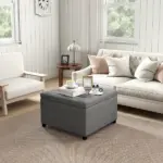 HOMCOM Tufted Storage Ottoman with Lift Top and Eucalyptus Wood Frame Gray - Image 2