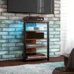 HOMCOM TV Stand with LED Lights, AV Media Stand, Corner Audio Tower with Storage Shelves and Steel Frame, for Living Room, Brown - Image 2