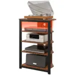 HOMCOM TV Stand with LED Lights, AV Media Stand, Corner Audio Tower with Storage Shelves and Steel Frame, for Living Room, Brown
