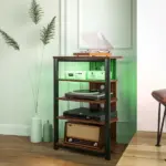 HOMCOM TV Stand with LED Lights, AV Media Stand, Corner Audio Tower with Storage Shelves and Steel Frame, for Living Room, Brown - Image 10