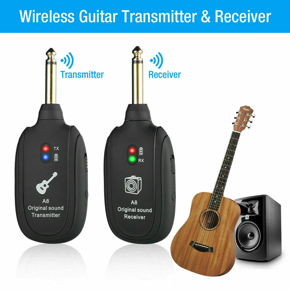 UHF Wireless Guitar System Transmitter and Receiver with Rechargeable Battery