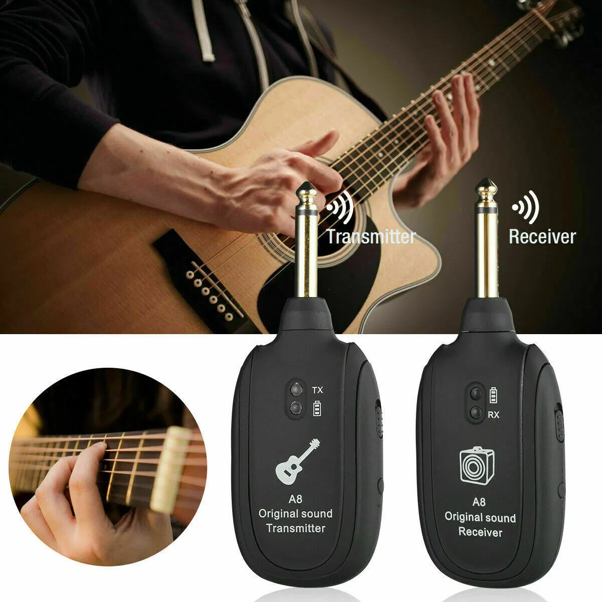 UHF Wireless Guitar System Transmitter and Receiver with Rechargeable Battery