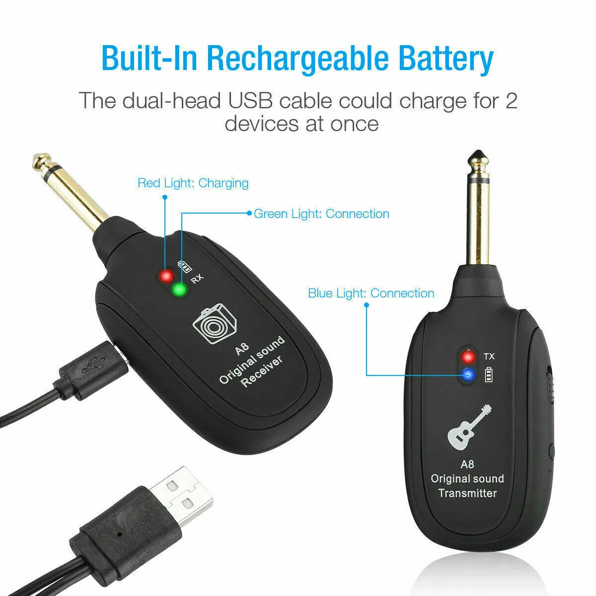 UHF Wireless Guitar System Transmitter and Receiver with Rechargeable Battery
