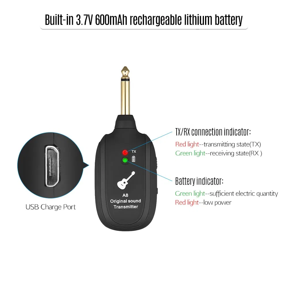 UHF Wireless Guitar System Transmitter and Receiver with Rechargeable Battery