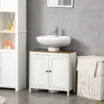 Under Sink Cabinet Pedestal Bathroom Storage Adjustable Shelf Double Doors Antique White - Image 11