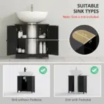 HOMCOM Under Sink Cabinet with 2 Doors and Shelf, Pedestal Sink Bathroom Vanity Furniture, Black - Image 4