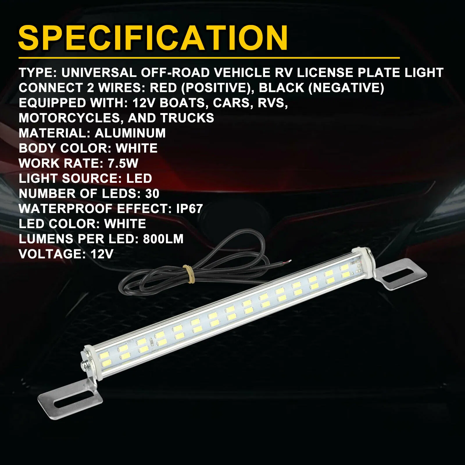 12V Universal LED License Plate and Backup Light Bar 6000K