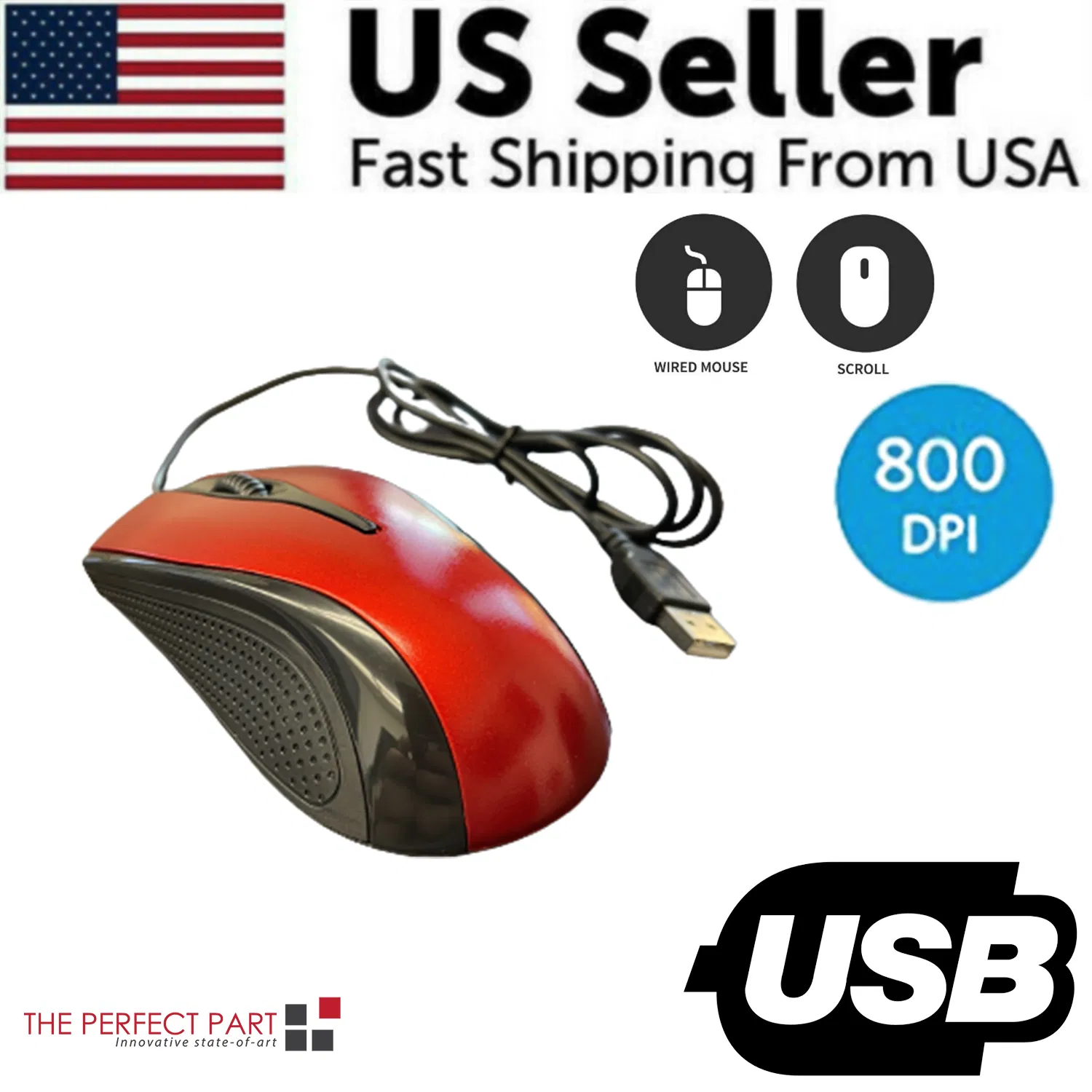 USB 2.0 Wired Optical Mouse with Scroll Wheel Red