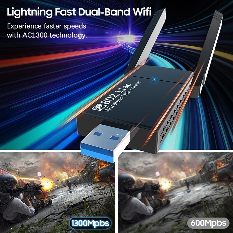 AC1300 USB 3.0 Dual Band WiFi Adapter with Dual 5dBi Antennas