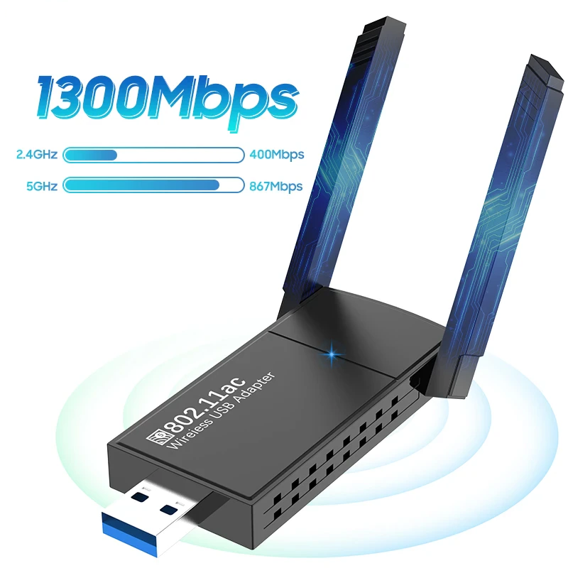 AC1300 USB 3.0 Dual Band WiFi Adapter with Dual 5dBi Antennas