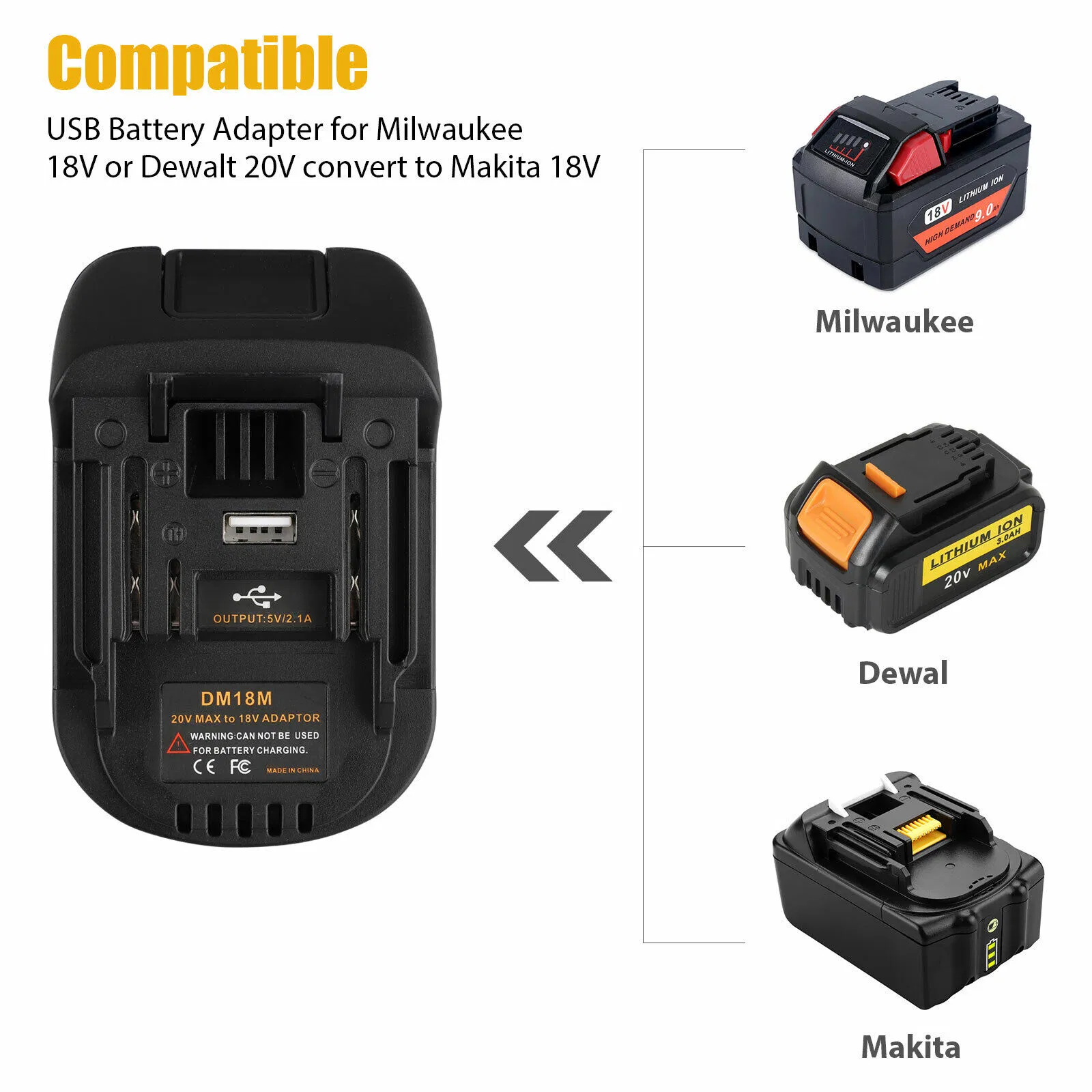 Battery Adapter for DeWalt 20V or Milwaukee M18 to Makita 18V Tools