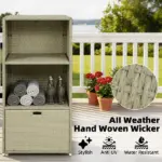Outsunny Valet Pool Towel Rack, Water-Resistant PE Plastic Rattan Wicker Storage Organizer, 2 Shelves, 1 Basket Drawer Gradient Gray - Image 4