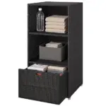 Outsunny Valet Pool Towel Rack, Water-Resistant PE Plastic Rattan Wicker Storage Organizer, 2 Shelves, 1 Basket Drawer Dark Brown