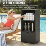 Outsunny Valet Pool Towel Rack, Water-Resistant PE Plastic Rattan Wicker Storage Organizer, 2 Shelves, 1 Basket Drawer Dark Brown - Image 3