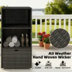 Outsunny Valet Pool Towel Rack, Water-Resistant PE Plastic Rattan Wicker Storage Organizer, 2 Shelves, 1 Basket Drawer Dark Brown - Image 4