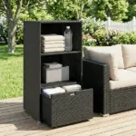 Outsunny Valet Pool Towel Rack, Water-Resistant PE Plastic Rattan Wicker Storage Organizer, 2 Shelves, 1 Basket Drawer Dark Brown - Image 6