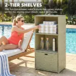 Outsunny Valet Pool Towel Rack, Water-Resistant PE Plastic Rattan Wicker Storage Organizer, 2 Shelves, 1 Basket Drawer Gradient Gray - Image 3