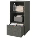 Valet Pool Towel Rack, Water-Resistant PE Plastic Rattan Wicker Storage Organizer, 2 Shelves, 1 Basket Drawer, Dark Gray