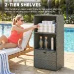 Valet Pool Towel Rack, Water-Resistant PE Plastic Rattan Wicker Storage Organizer, 2 Shelves, 1 Basket Drawer, Dark Gray - Image 3