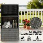 Valet Pool Towel Rack, Water-Resistant PE Plastic Rattan Wicker Storage Organizer, 2 Shelves, 1 Basket Drawer, Dark Gray - Image 4