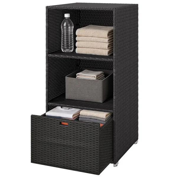 valet-pool-towel-rack-water-resistant-pe-plastic-rattan-wicker-storage-organizer-2-shelves-1-basket-drawer.webp Outsunny Valet Pool Towel Rack, Water-Resistant PE Plastic Rattan Wicker Storage Organizer, 2 Shelves, 1 Basket Drawer Dark Brown - Image 1