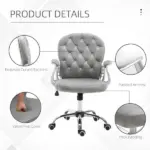Vinsetto Velvet Office Chair, Button Tufted, Adjustable Swivel, Gray - Image 6