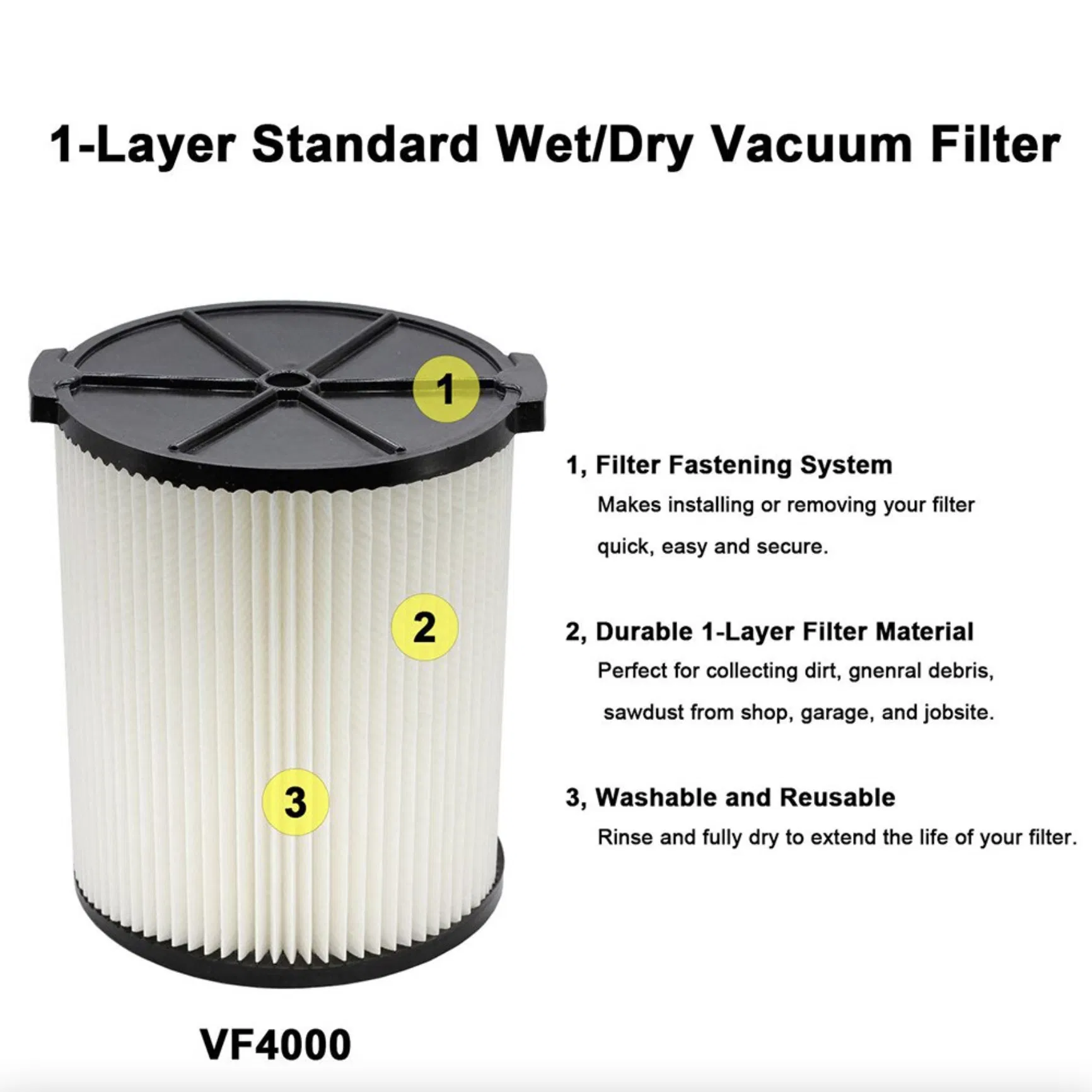 VF4000 Washable Pleated Filter Compatible with RIDGID Wet Dry Vacuums