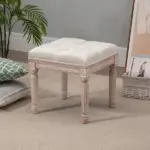 HOMCOM Vintage Ottoman 15.75" Tufted Foot Stool Upholstered Seat Rustic Wood Legs Beige Bedroom Living Room - Image 2