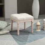 HOMCOM Vintage Ottoman 15.75" Tufted Foot Stool Upholstered Seat Rustic Wood Legs Beige Bedroom Living Room - Image 8