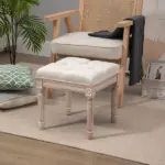 HOMCOM Vintage Ottoman 15.75" Tufted Foot Stool Upholstered Seat Rustic Wood Legs Beige Bedroom Living Room - Image 9