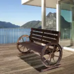 Outsunny Wagon Wheel Bench Rustic 2-Person Outdoor Patio Carbonized Finish with Backrest - Image 2