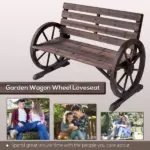 Outsunny Wagon Wheel Bench Rustic 2-Person Outdoor Patio Carbonized Finish with Backrest - Image 7