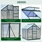 Outsunny Walk In Greenhouse 6 ft X 6 ft X 7 ft Aluminum Polycarbonate Portable Garden Greenhouse With Rooftop Vent and UV-Resistant Walls Dark Green - Image 6