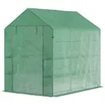 Outsunny Walk-in Greenhouse 7x5x6 ft with PE Cover 3-Tier Shelves Steel Frame Roll-Up Zipper Door for Vegetables Green - Image 11