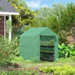 Outsunny Walk-in Greenhouse 7x5x6 ft with PE Cover 3-Tier Shelves Steel Frame Roll-Up Zipper Door for Vegetables Green - Image 10