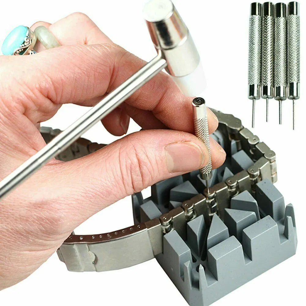 Watch Band Link Remover Repair Tool Kit with Hammer Punch Pins and Holder