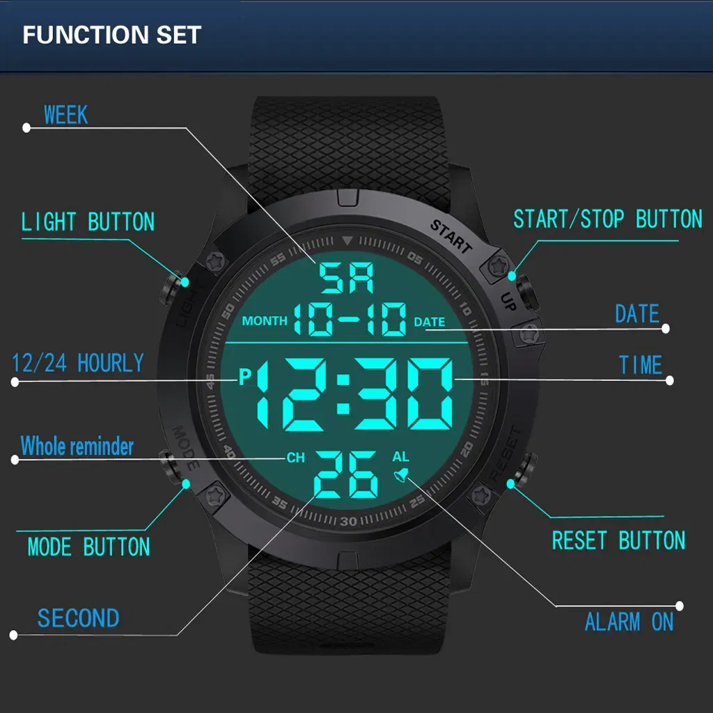 Waterproof Digital Sports Watch with LED Backlight for Men